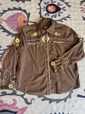 ME. Vintage inspired Brown Embroidered Western Shirt with Yellow Floral Accents